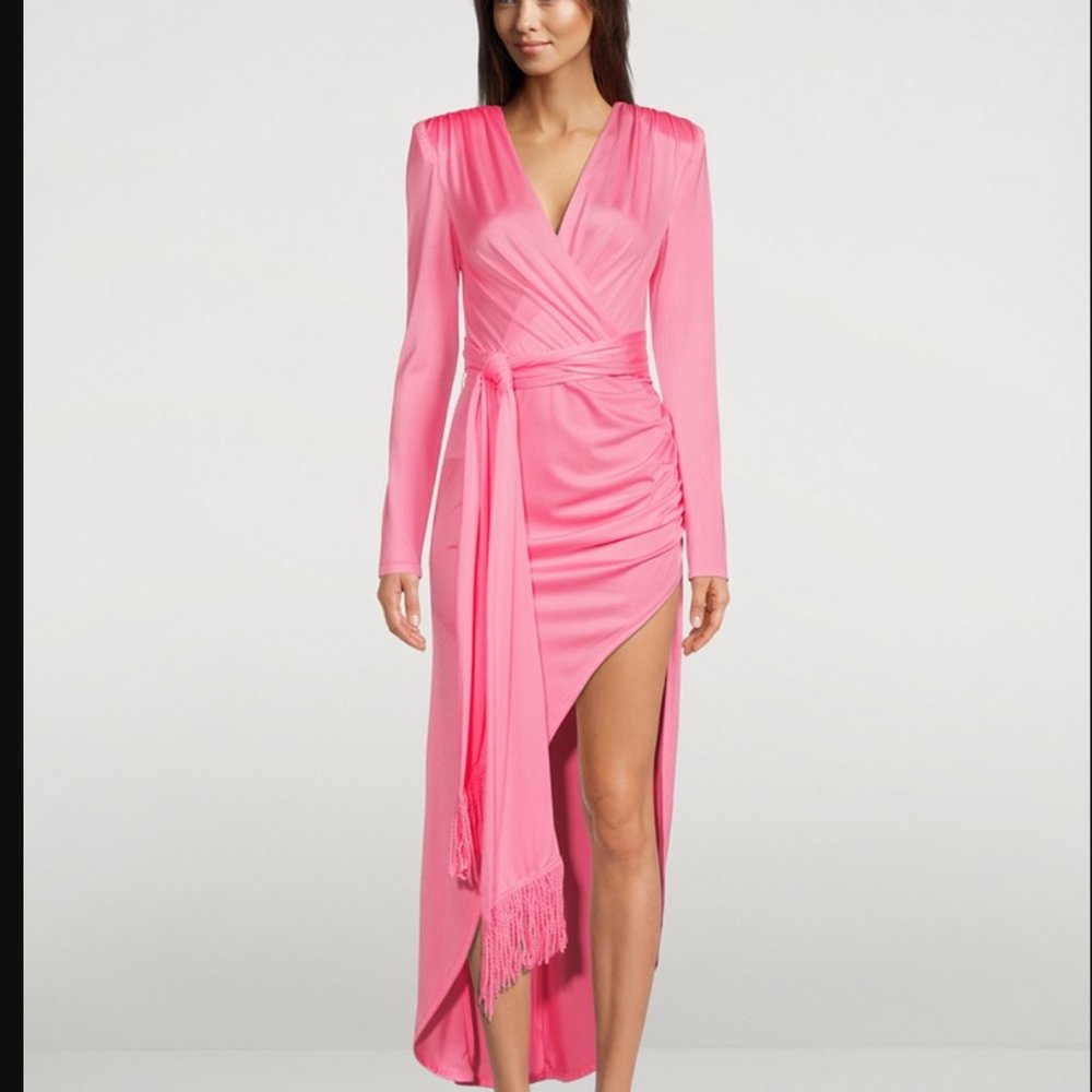 Bronx and Banco Electric Pink Maxi Sash Waist Dress Size Large Long Sleeve Slit